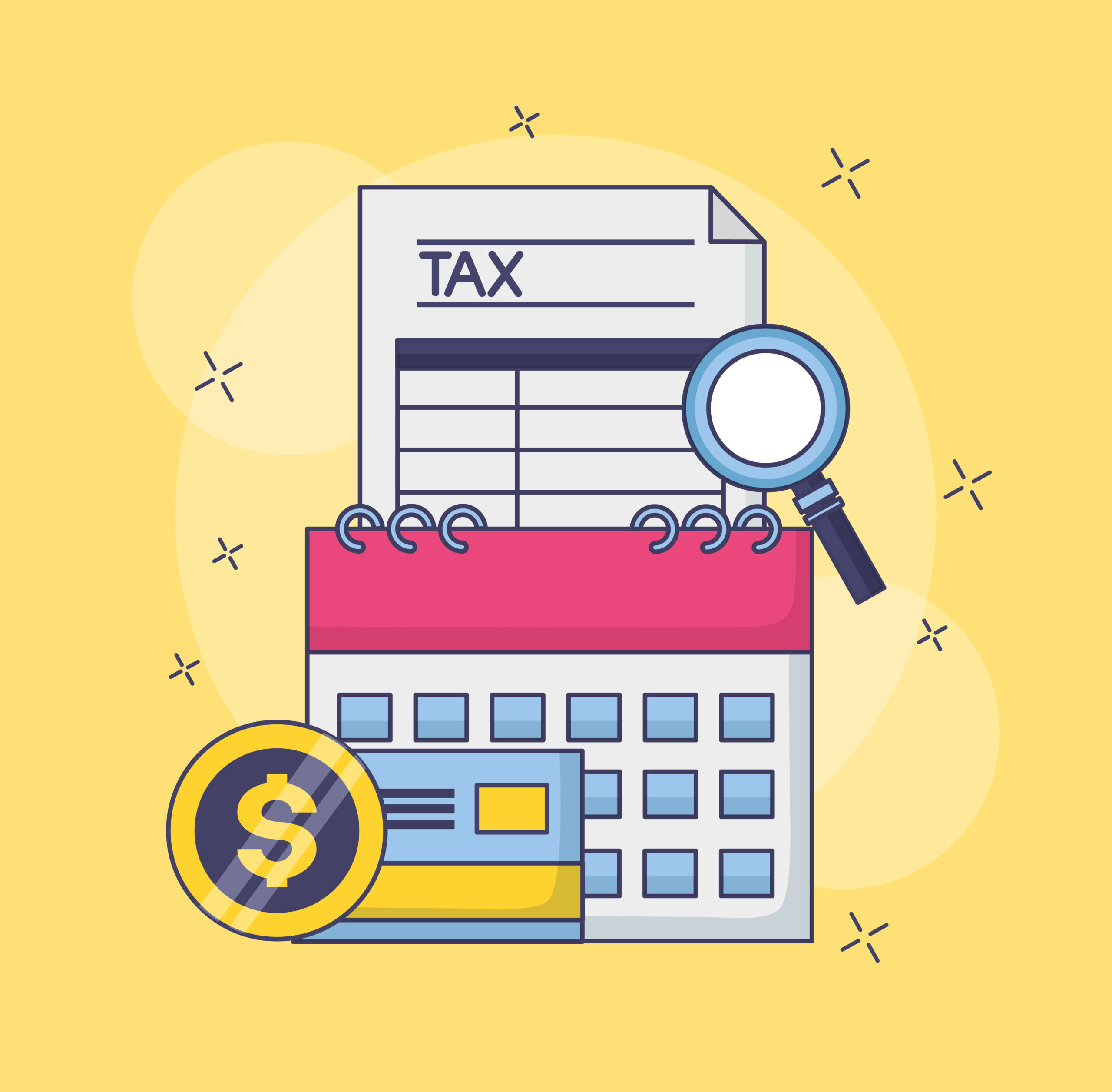 tax payment document calendar bank card magnifier vector illustration